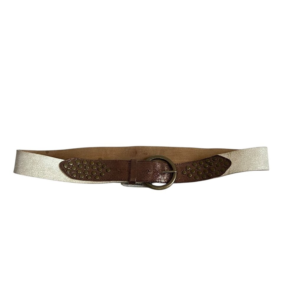 Jennifer Lopez Metallic Silver Elastic Belt with Brown Studded Leather Trim